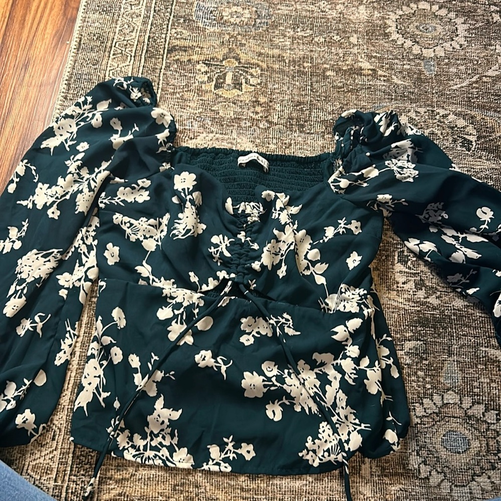 Teal floral print blouse